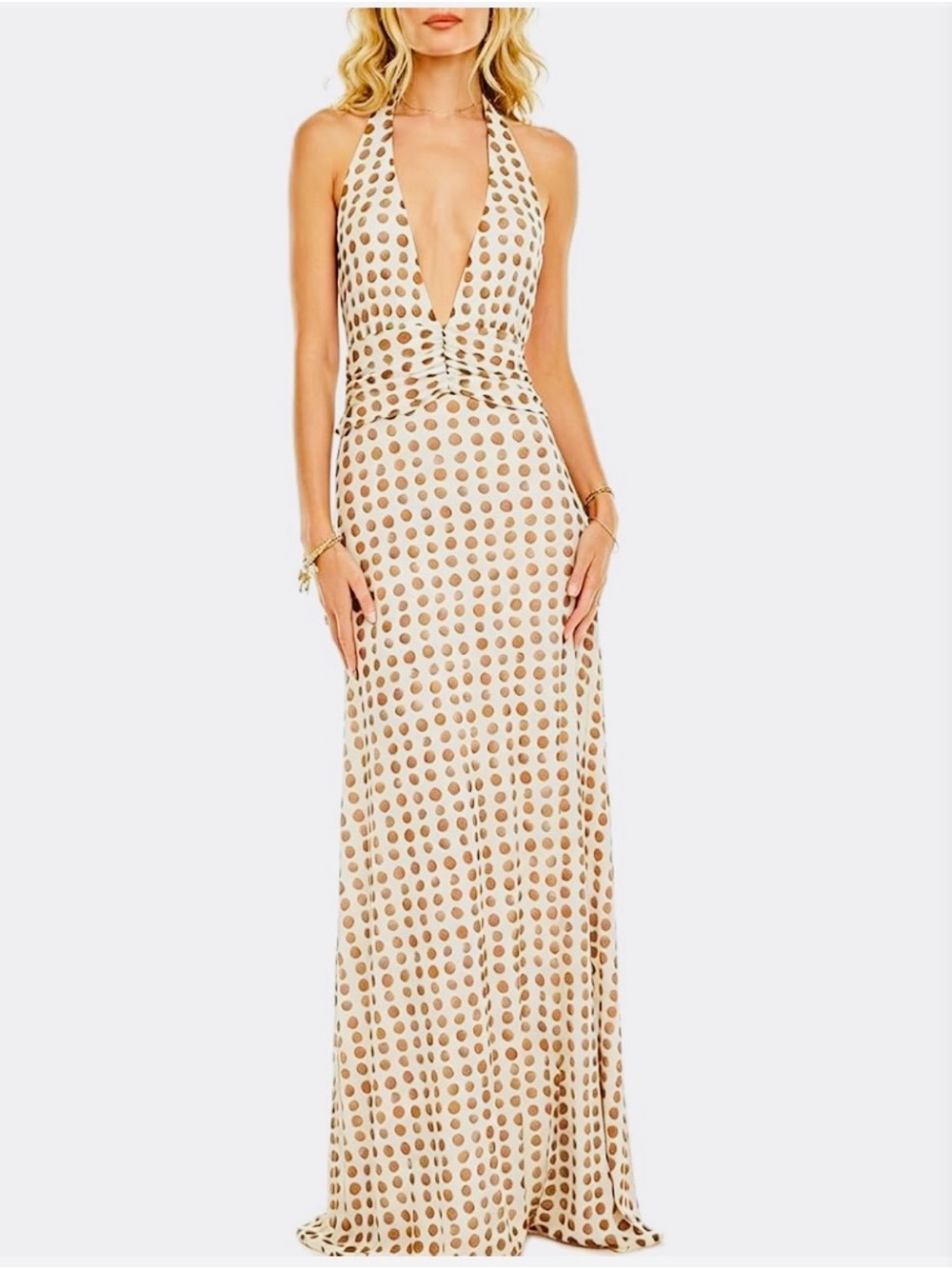 Amazon Halter Maxi Dress in Cream with Gold Polka Dots